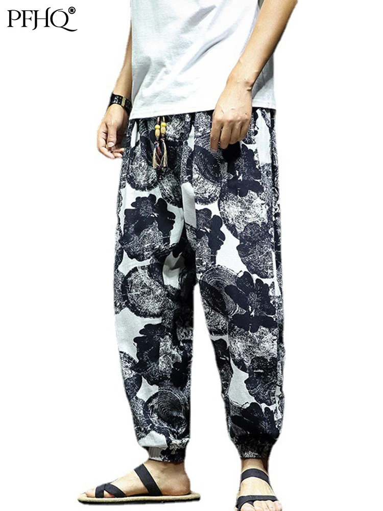 

PFHQ 5XL 2022 Autumn Trendy Men's Pants Youth Casual Elastic Leg Loose Printed Cotton Linen Drawstring Fashion Trousers 21Q2232