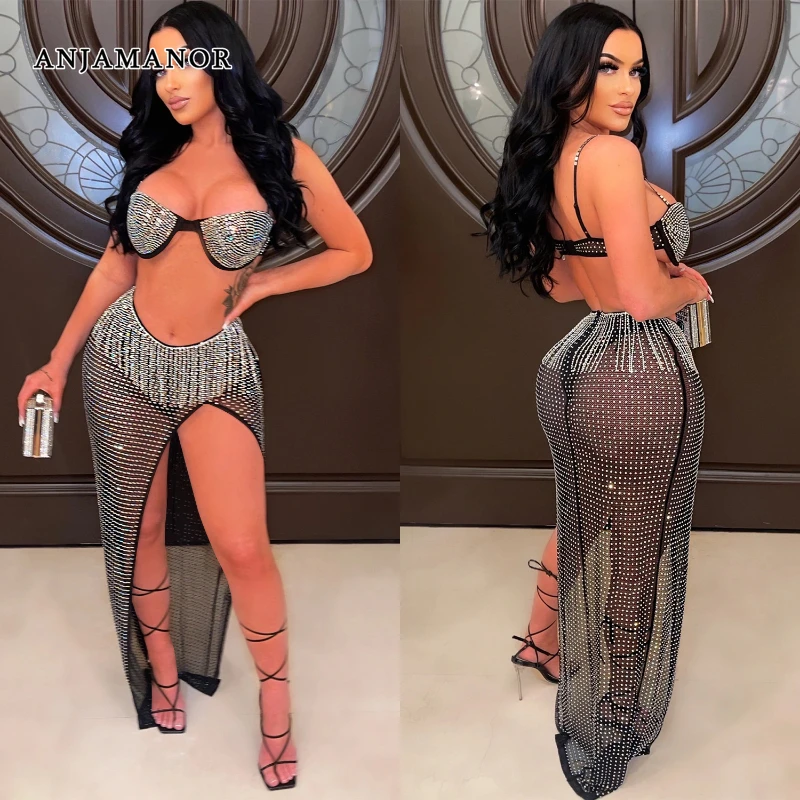 

ANJAMANOR Luxury Crystal Two Piece Slit Long Skirt and Top Set Glitter Party Club Outfits Wholesale Items for Boutique D42-GG31