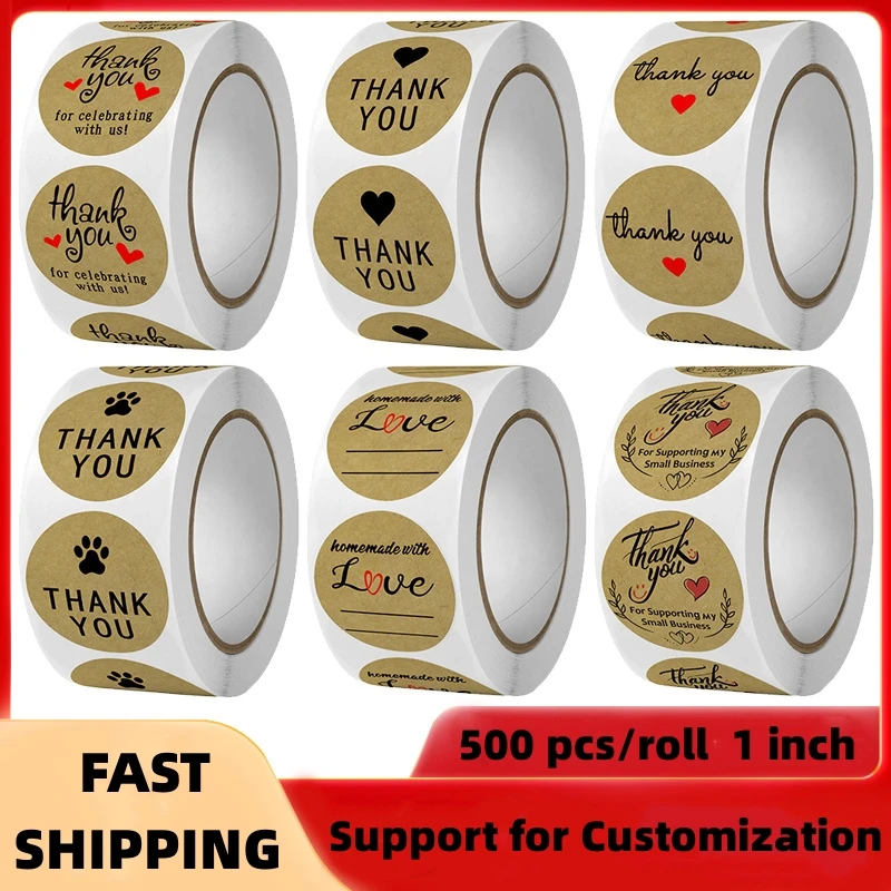 

500pcs/Roll Kraft Paper Seal Labels Handmade with Love Cute Stickers Thank You Sealing Stickers for Packing Gift Decoration