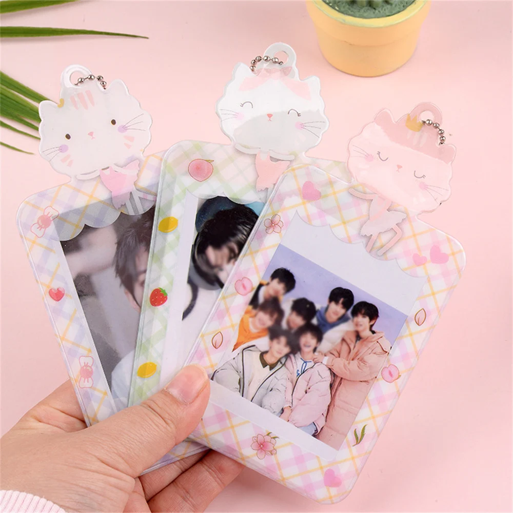 

Cute Photocards Storage with Keychains Sweet Girls Bus Card Holder Cartoon Cat Photo Sleeves Kawaii Stationary