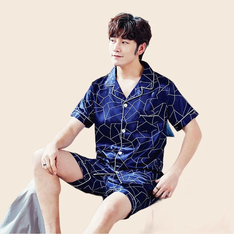 Men's Summer Pajamas Set Short Sleeve T-shirt Shorts 2Piece/Set Sexy Stripe Print Pyjama Big Size Homewear Cozy PJS