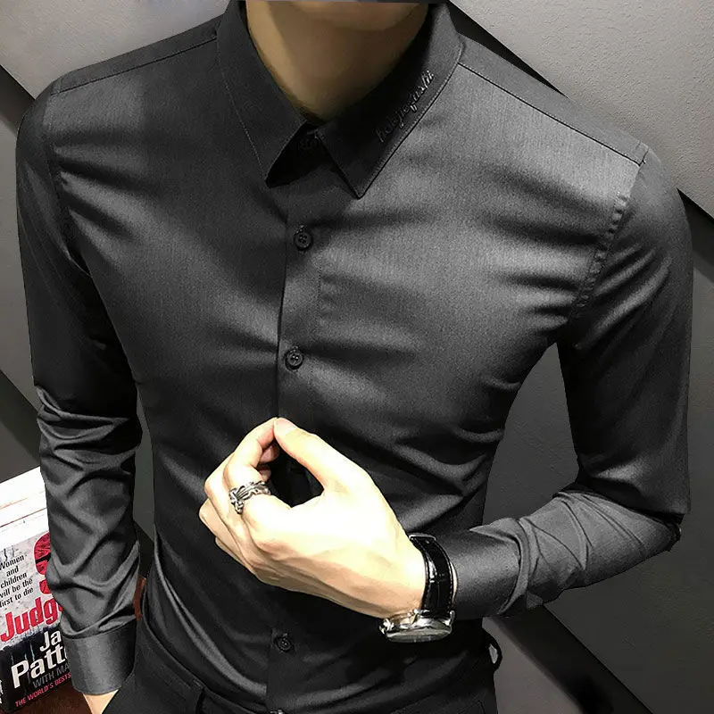 

Spring New 2022 Brand Korean Fashion Business Casual Button Down Tops Design Slim Fit Male Blouse Long Sleeve Solid Shirts W231