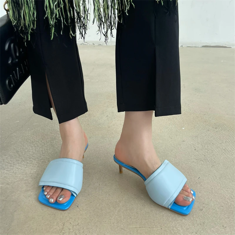 

Open Toe Women Slippers 2022 New Arrivals Summer Outside Slides Mules Shoes Thin Mid Heels Party Pumps Ladies Solid Color 35-39