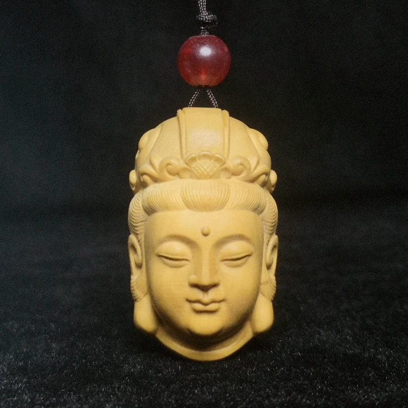

Japanese boxwood Carved Avalokitesvara head statue amulet necklace netsuke gift