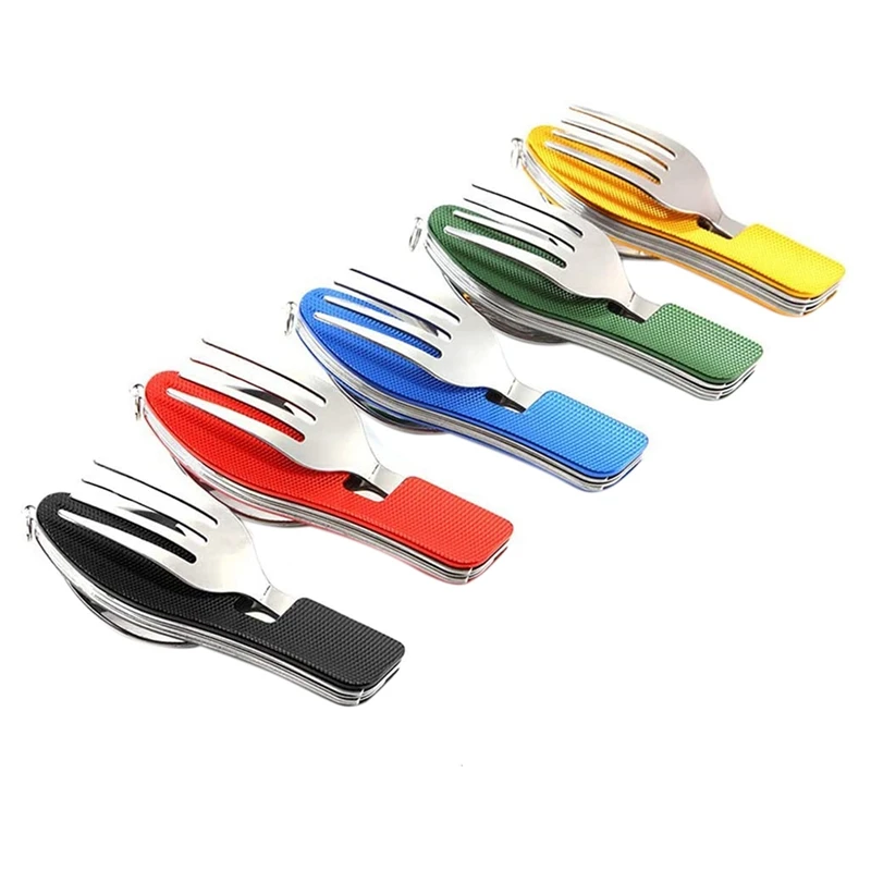 

5Pcs 4-In-1 Camping Utensils Stainless Steel Folding Spoon Fork Knife Bottle Opener Combination Set For Pacnic Travel