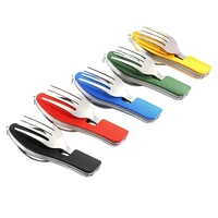 5pcs 4 in 1 camping utensils stainless steel folding spoon fork knife bottle opener combination set for pacnic travel