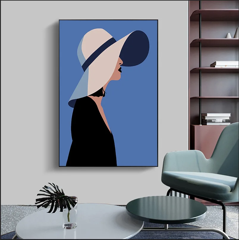 

Fashion Wear Hat Female Blue Background Canvas Painting Wall Art Picture Poster Print Bedroom Home Decoration
