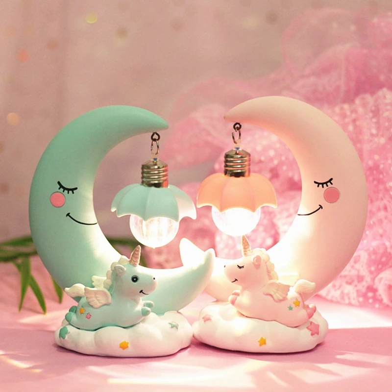 

Hot LED Night Light Unicorn Moon Resin Cartoon Luminaria Romantic Bedroom Decor Night Lamp Baby Kids Bedside Birthday Xmas Gift