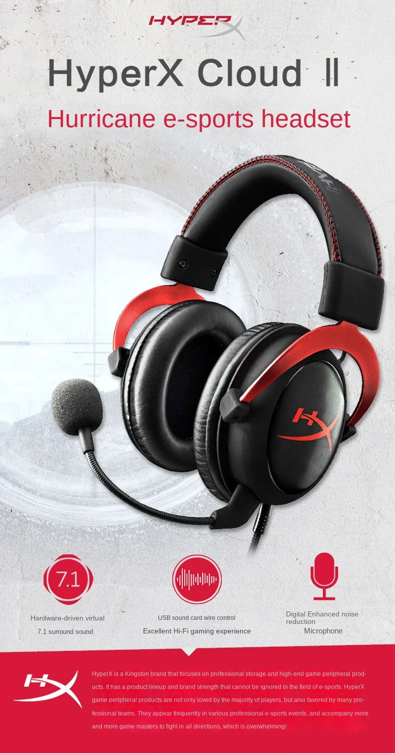 Logitech HyperX Cloud II Hurricane 2 Head-Mounted Gaming Headset for E-Sports Wired Headset images - 6