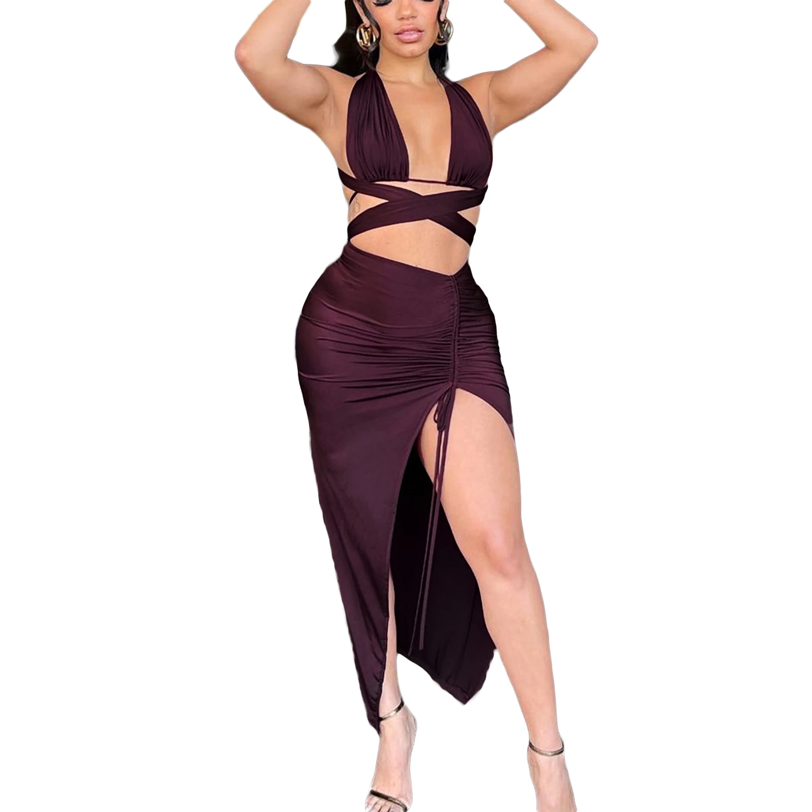 

Women's Summer 2Pcs Outfit Sets Solid Color Hanging Neck Hollow Tops + Ruched Drawstring Split Skirt