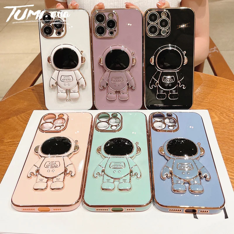 

Astronaut Plating Stand Holder Phone Case for Xiaomi Redmi Note 11 11S 10 10S 9S 9 Pro Max 8 7 9A K20 K30 K40 K50 Pro Soft Cover