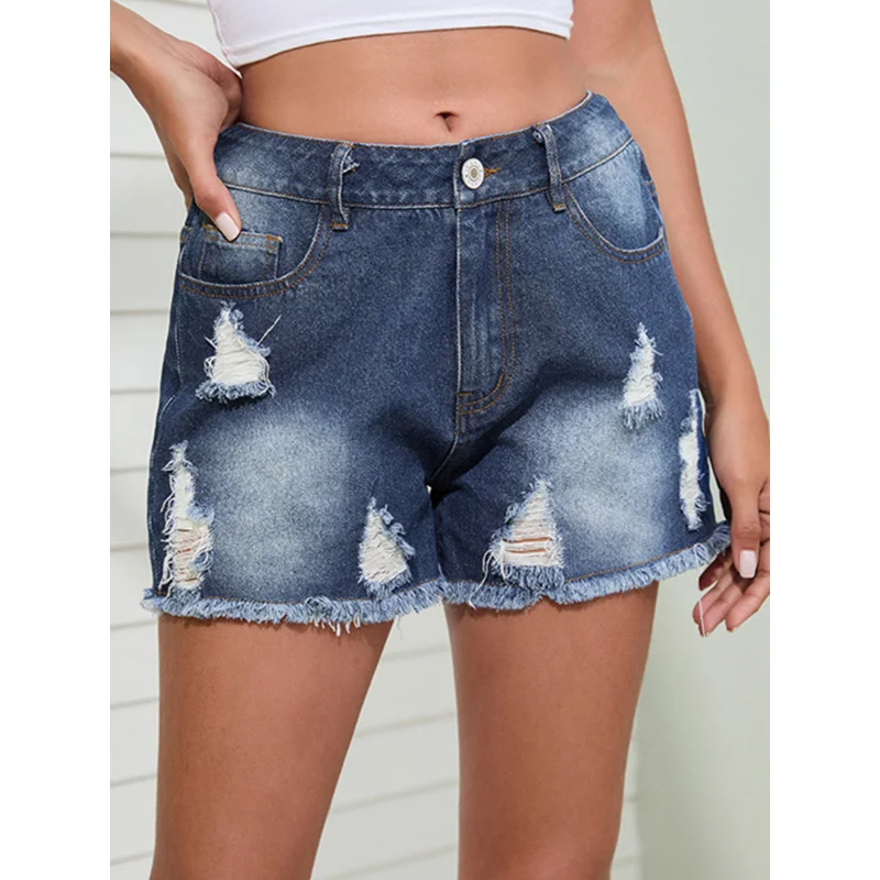 Denim Shorts 2023 Women's Tassel Shorts Washed Ripped Mid Waist Women's Denim Shorts Splicing