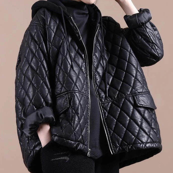 Winter clothes 2022 new women's Korean  loose large size waist drawstring hooded thickened cotton leather PU jacket