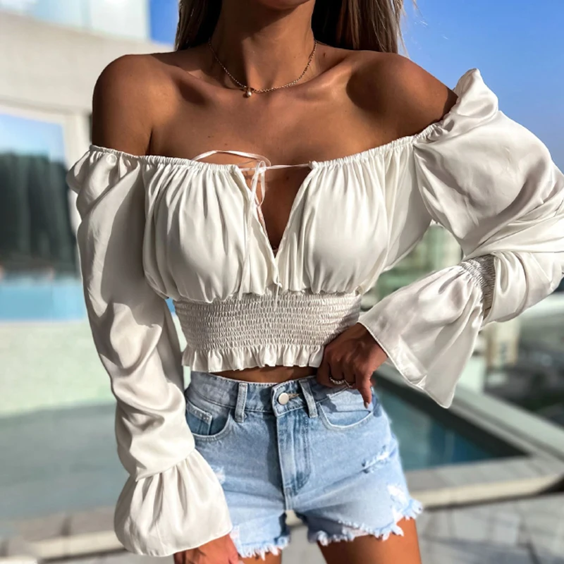 Женский укороченный топ с открытыми плечами винтажная Элегантная блузка