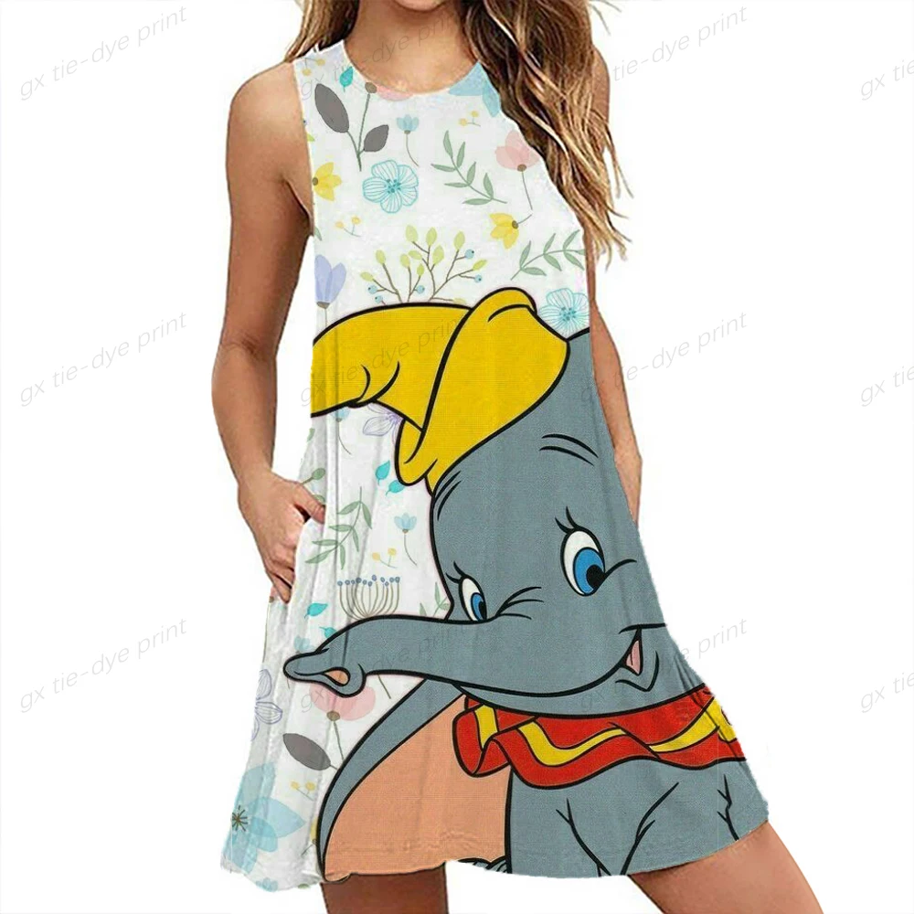 

Women Summer Dress 2022 Disney Dumbo Beach Dresses Female Disney Cartoon Print Vestidos Beach Sexy Sundress Casual Tank Dress