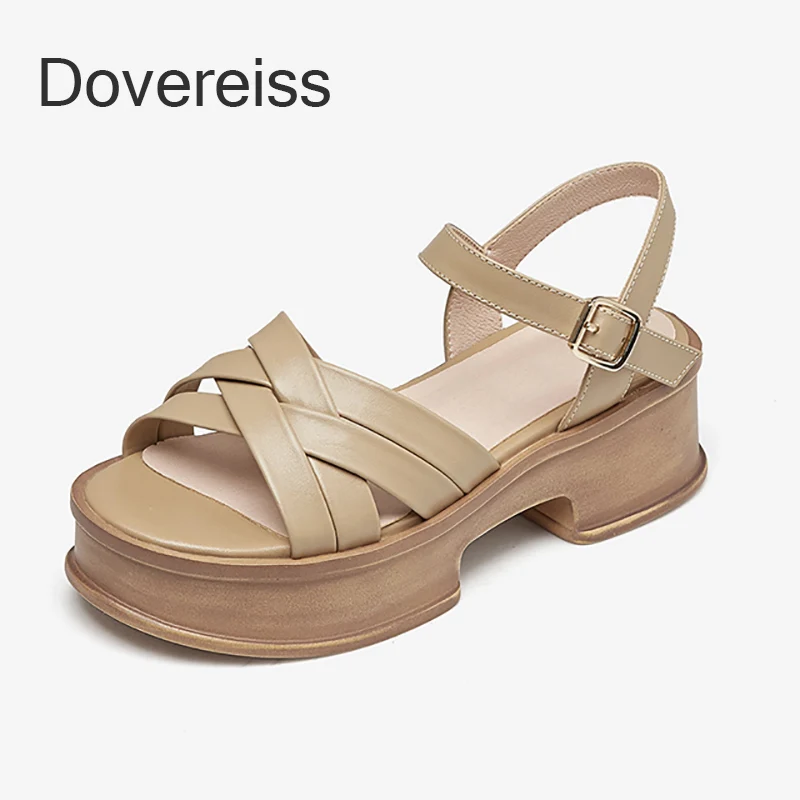 

2022 Summer Women Genuine Leather Apricot Waterproof Ladies Shoes Flats Platform Shoes Block Heels Casual Sandals Thick Heels