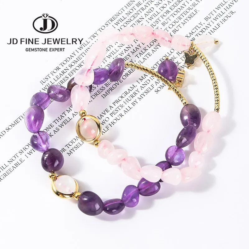 

JD Natural Amethyst Stone Polished Irregular Bracelets Women Fashion Lucky Crystal Beads Reiki Healing Bangles Sweet Jewelry