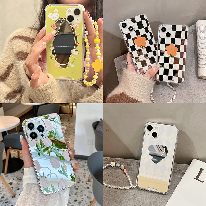 

Mirror cute bear rabbit flower tulip lovely lanyard case for iphone 13 12 11 promax x xs xr 7 8 plus soft bumper shockproof capa