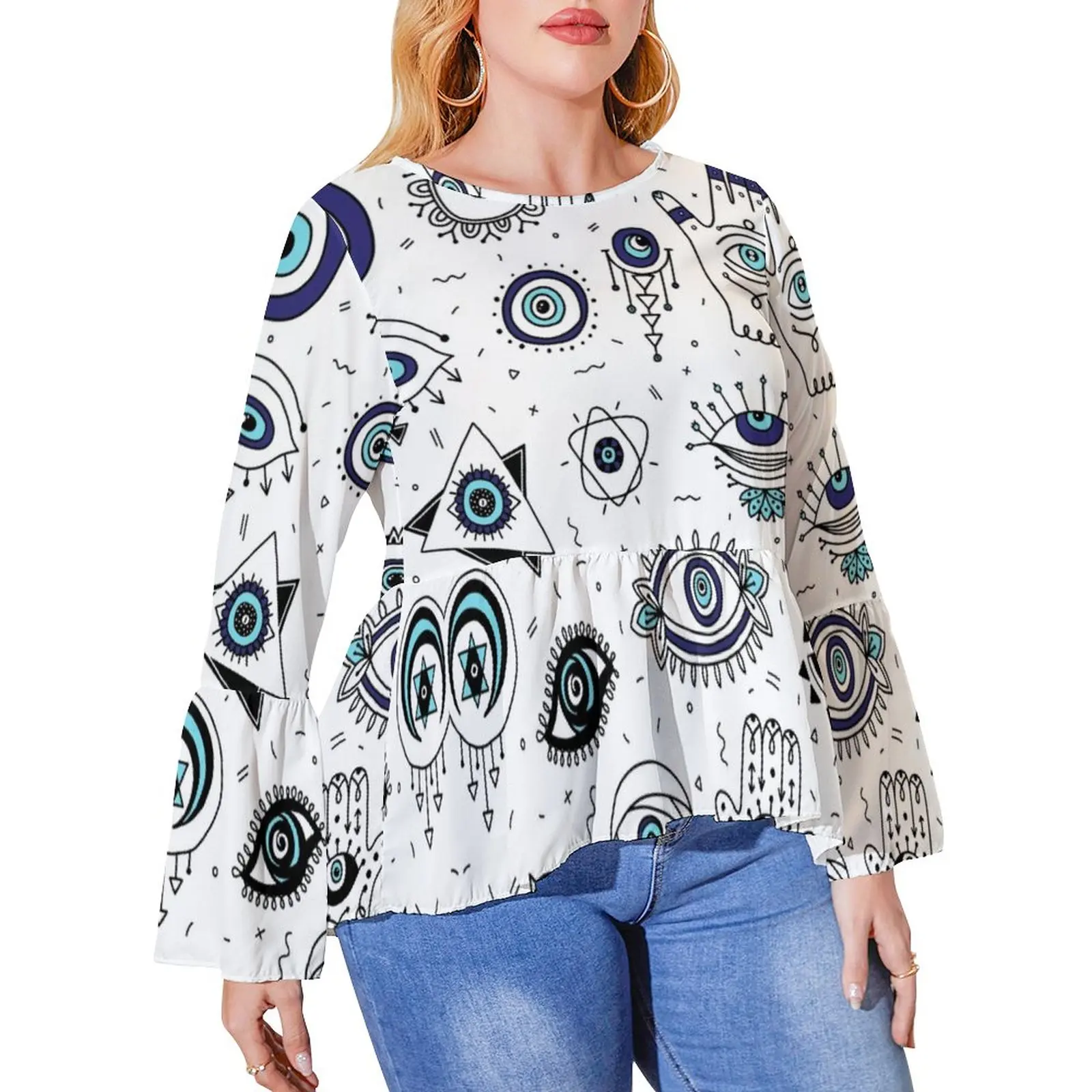 

Evil Eyes T Shirt Comic Eye Watching Vintage Ruffled T Shirts Women Casual Tee Shirt Plus Size Graphic Tops Gift