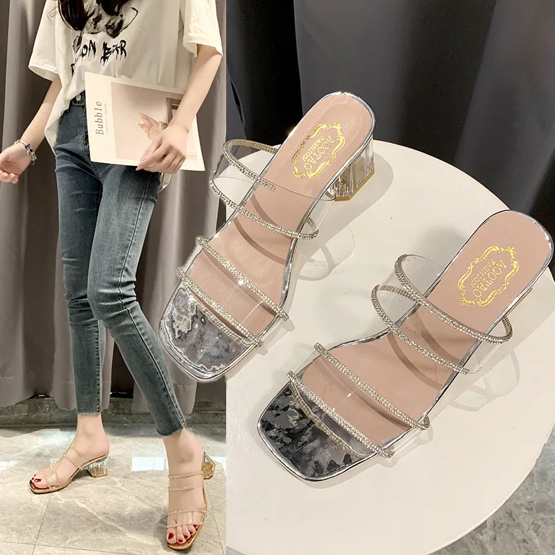 

Transparent High Heels Women Slippers Summer Shoes Celebrity Wearing Simple Style PVC Clear Strappy Bling Square Heels Woman