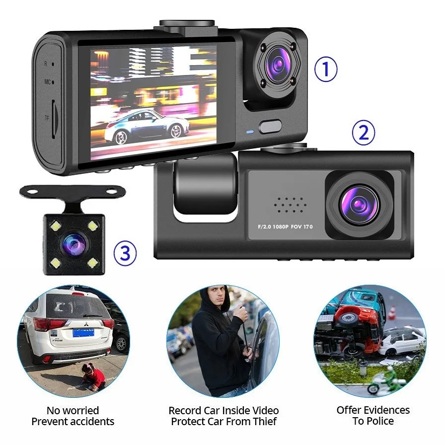 

3 Channel Car DVR HD 1080P 3-Lens Inside Vehicle Dash CamThree Way Camera DVRs Recorder Video Registrator Dashcam Camcorder New