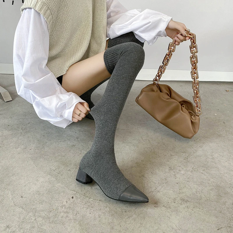 Shoes Women Elastic Over The Knee Long Boots Sexy Pointed Toe Med Heel Ladies Thigh High Boots Black Boots Chaussures Femmer