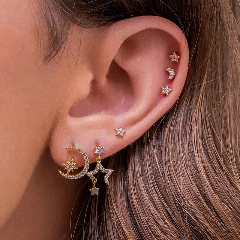 

Exquisite White Zircon Cute Star Moon Earrings Set for Women Gold Color Piercing Ear Stud Drop Earring Jewelry Wholesale