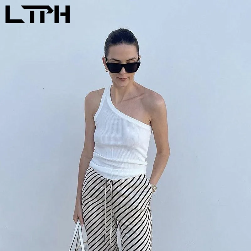 

LTPH sexy one shoulder base knitted tanks women white crop tops vintage casual slim shirt sleeveless camisole 2022 summer new