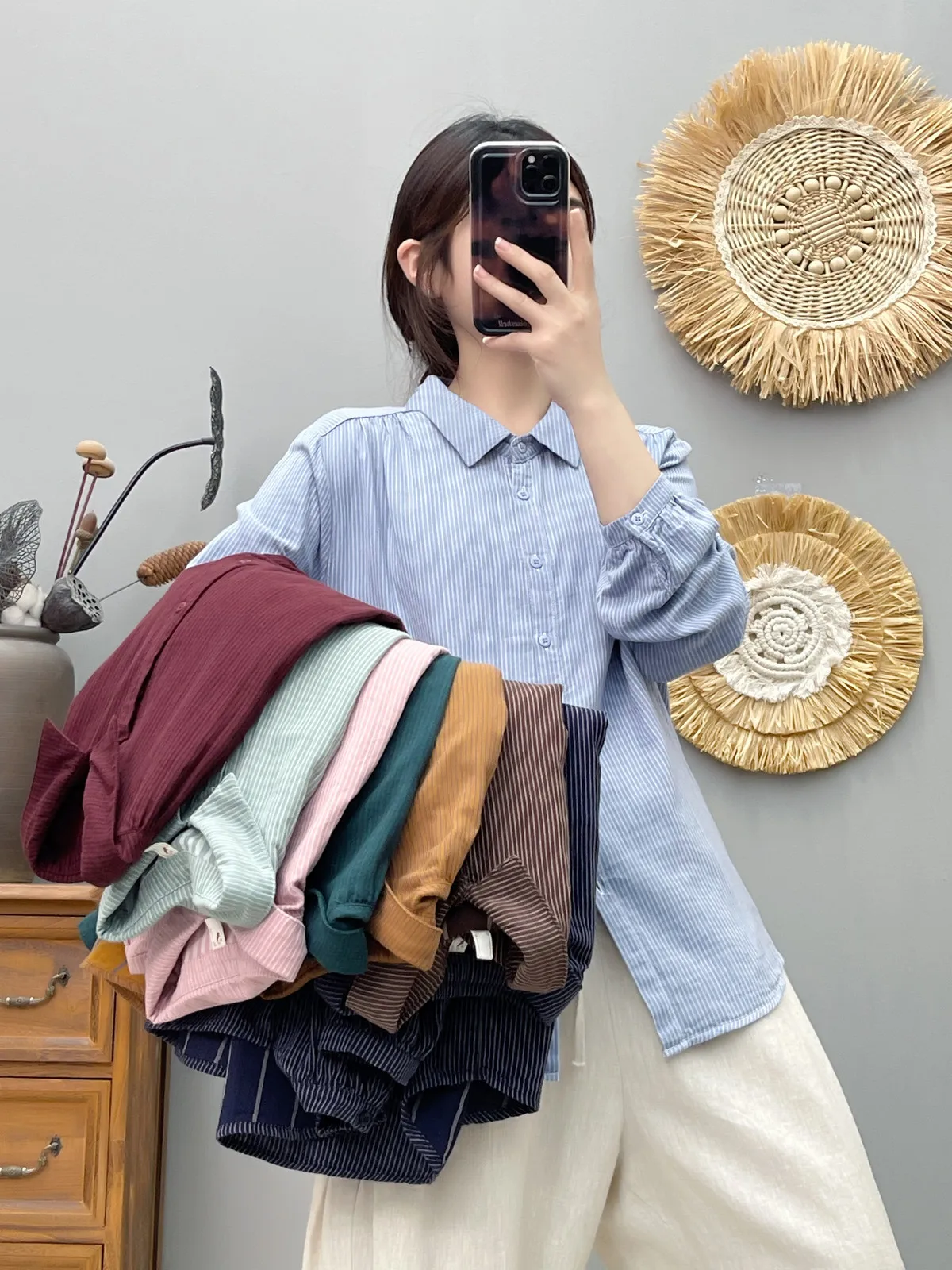 Блузка женская в японском стиле модная рубашка полоску простой универсальный