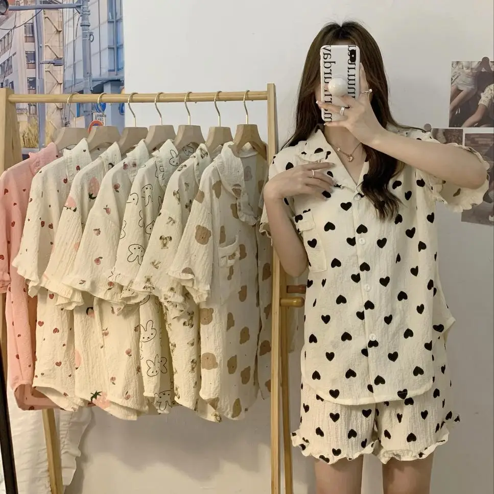 

Cartoon Print Summer Pajamas Set Women Korean Two Piece Home Suit Kawaii Cotton Linen Blouse + Shorts Sleepwear Sweet Homewear