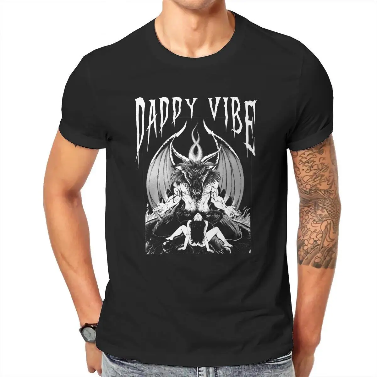Vintage DADDY VIBE  T-Shirts for Men Round Collar 100% Cotton T Shirt Satan Metal Baphomet Short Sleeve Tee Shirt Party Clothing