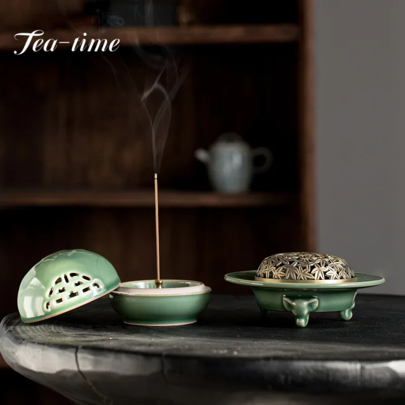 

Печь для благовоний Celadon с медной крышкой, держатель для благовоний, элегантные домашние ароматические свечи, коллекция предметов для белого чая