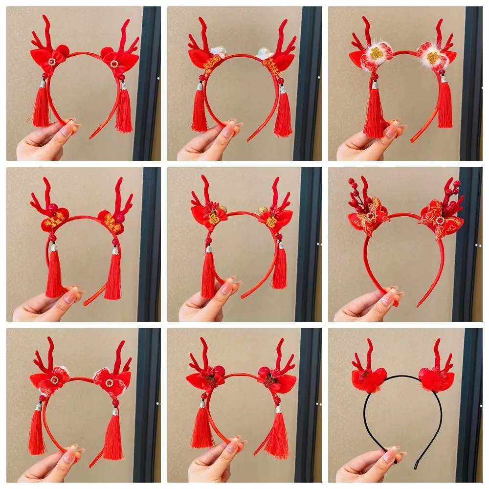 Красная повязка на голову 2024 с рогом дракона кисточка красная бантом новогодний