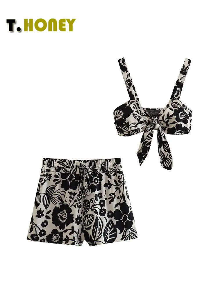 

TELLHONEY Женская Мода Милая Шея бант украшение укороченные топы эластичная талия на шнуровке короткая женская Повседневная Печать комплект из...