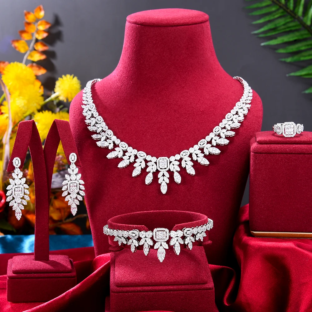 

missvikki New 4PCS Shiny Luxury Bangle Earrings Necklace Ring Jewelry Set Brides Wedding Jewellery Full CZ Charm High Quality