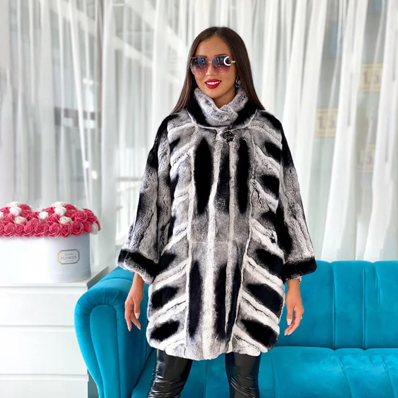 Genuine Chinchilla Fur Jacket Women Casual Fashion New Luxury Outertwear Contrast Color Natural Rex Rabbit Fur Coat Female enlarge