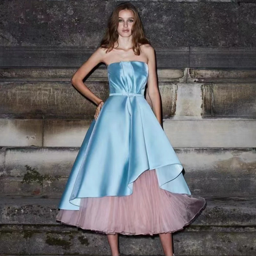 Купи Sky Blue Satin Dress Strapless Women's Dress Baby Pink Tulle Dress Ankle Length Prom Dress Elegant Dresses For Women Female Gown за 5,634 рублей в магазине AliExpress