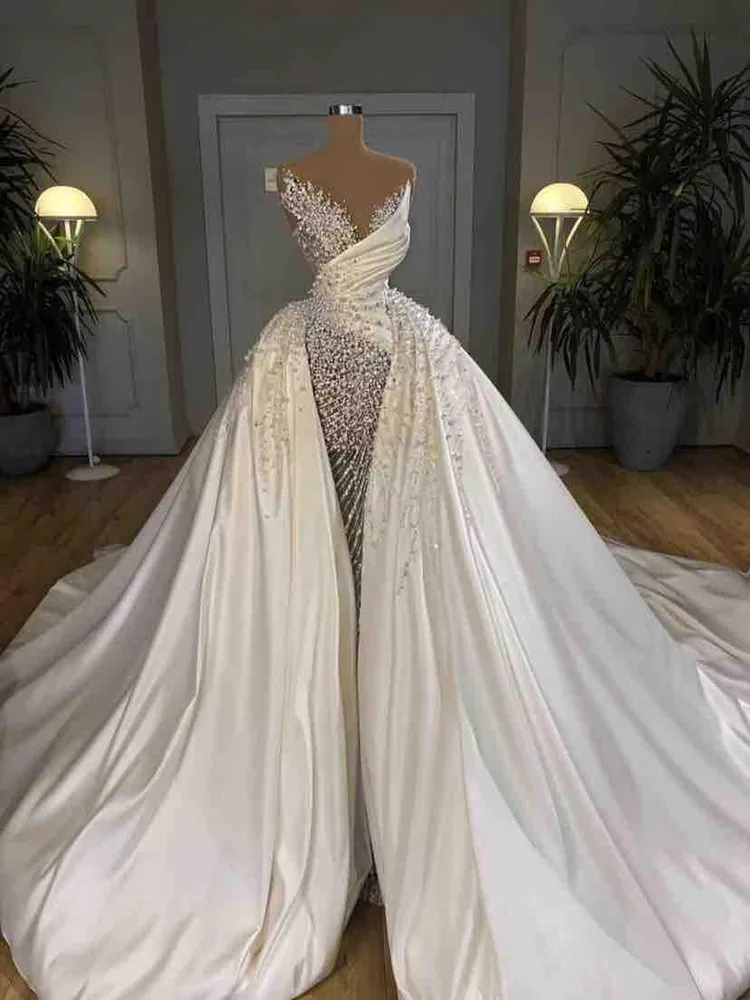 

Wonderful Heavy Handwork Pearls Beads Wedding Dresses Vestido De Novia Satin See Through Mermaid Ruched Bridal Gowns 2023