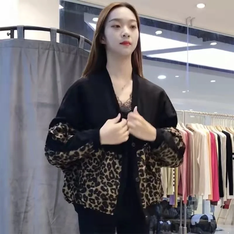 

Spring Autumn Women's Coat 2022 New Loose Stitching Leopard Print Long Sleeve Short Fashion Jacket Top Cardigan Baseball Uniform