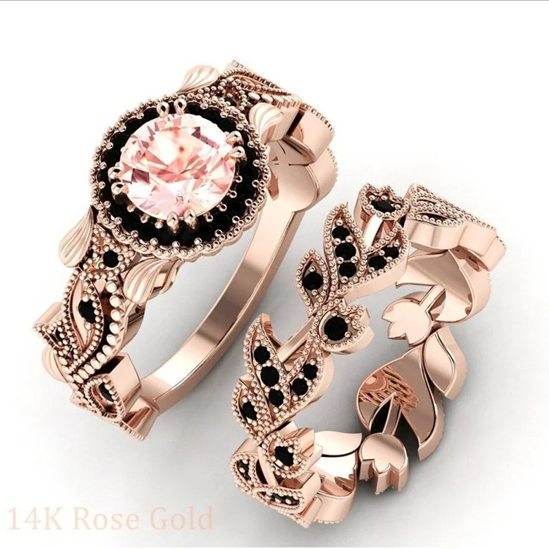 

Exquisite Rose Gold Color Black Zircon Rings for Women Fashion Vintage Flower Vine Inlaid Champagne Crystal Wedding Rings Set