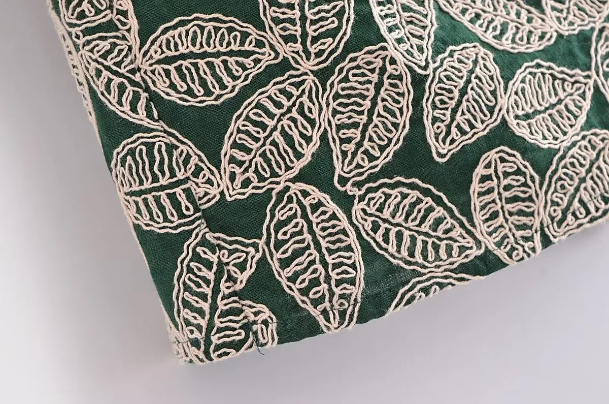 Withered French Country Style Green Leaf Embroidery Casual Bermuda Fashion High Waist Summer Shorts Culottes Women