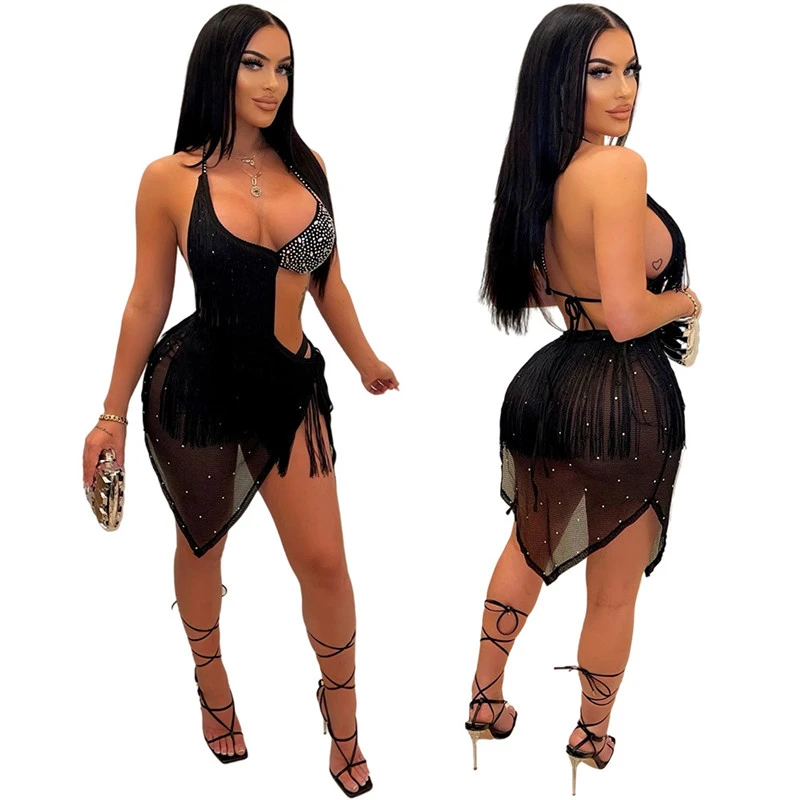 Women Sexy Night Club Wear Mesh Irregular Mini Dress Halter Lace Up Backless Rhinestone Tassel Black Party Dresses 2022 Summer