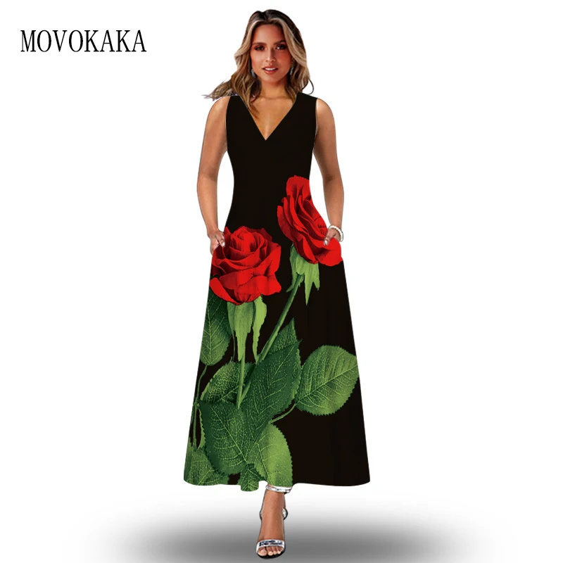 

MOVOKAKA Woman Summer Long Dress 2022 Beach Holiday Casual V Neck Sleeveless Rose Print Vestidos Party Slim Vintage Maxi Dresses