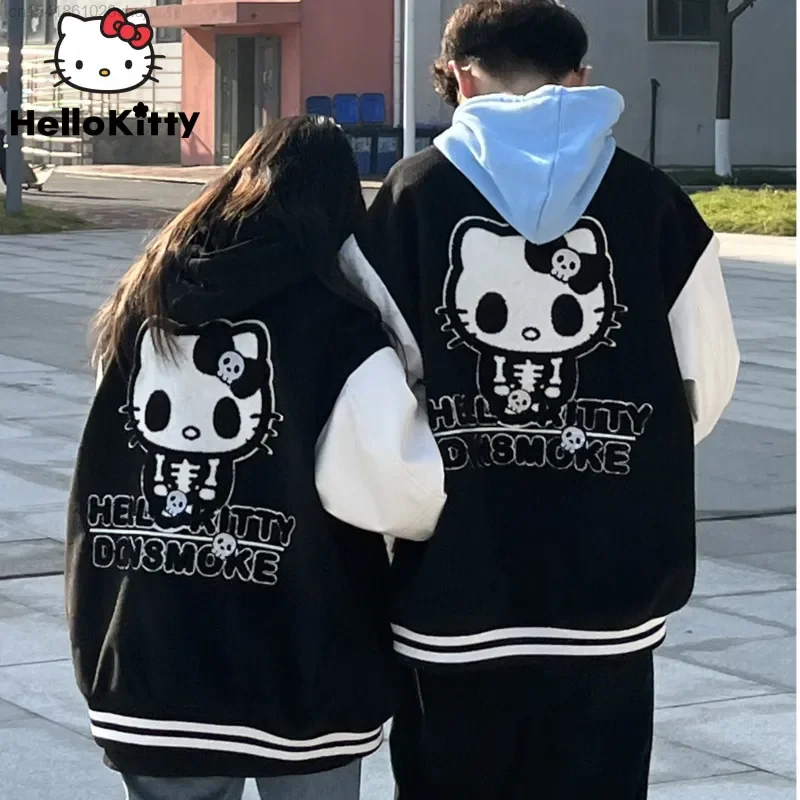 

Sanrio Hello Kitty Black Baseball Jacket Women's Gothic Emo 90s Fashion Korean Hip Hop Hoodie Coat Couple Cardigan Sweatshirt
