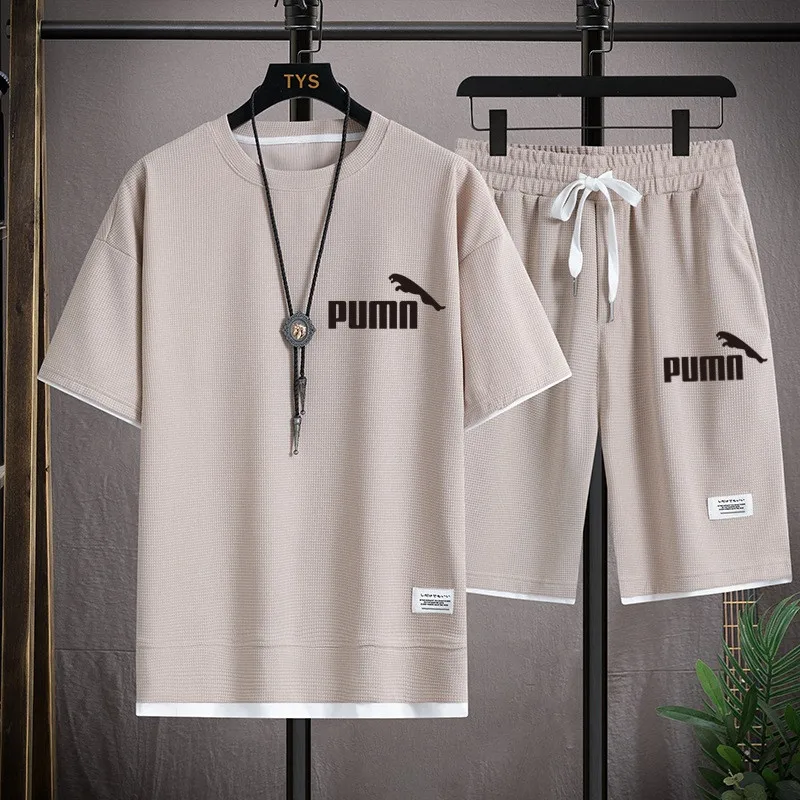 Summer men's two-piece linen fabric casual T-shirt + shorts suit men's sports fashion short sleeve suit t-shirt men shorts