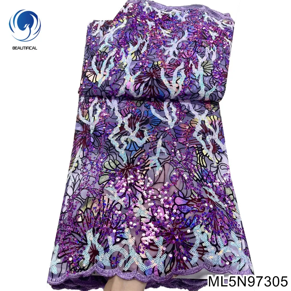 

Women's French Lace Fabric 5 Yards 2022 High Quality Mesh Sequins Sewing Materials for Nigerian Textile Dress ML5N973