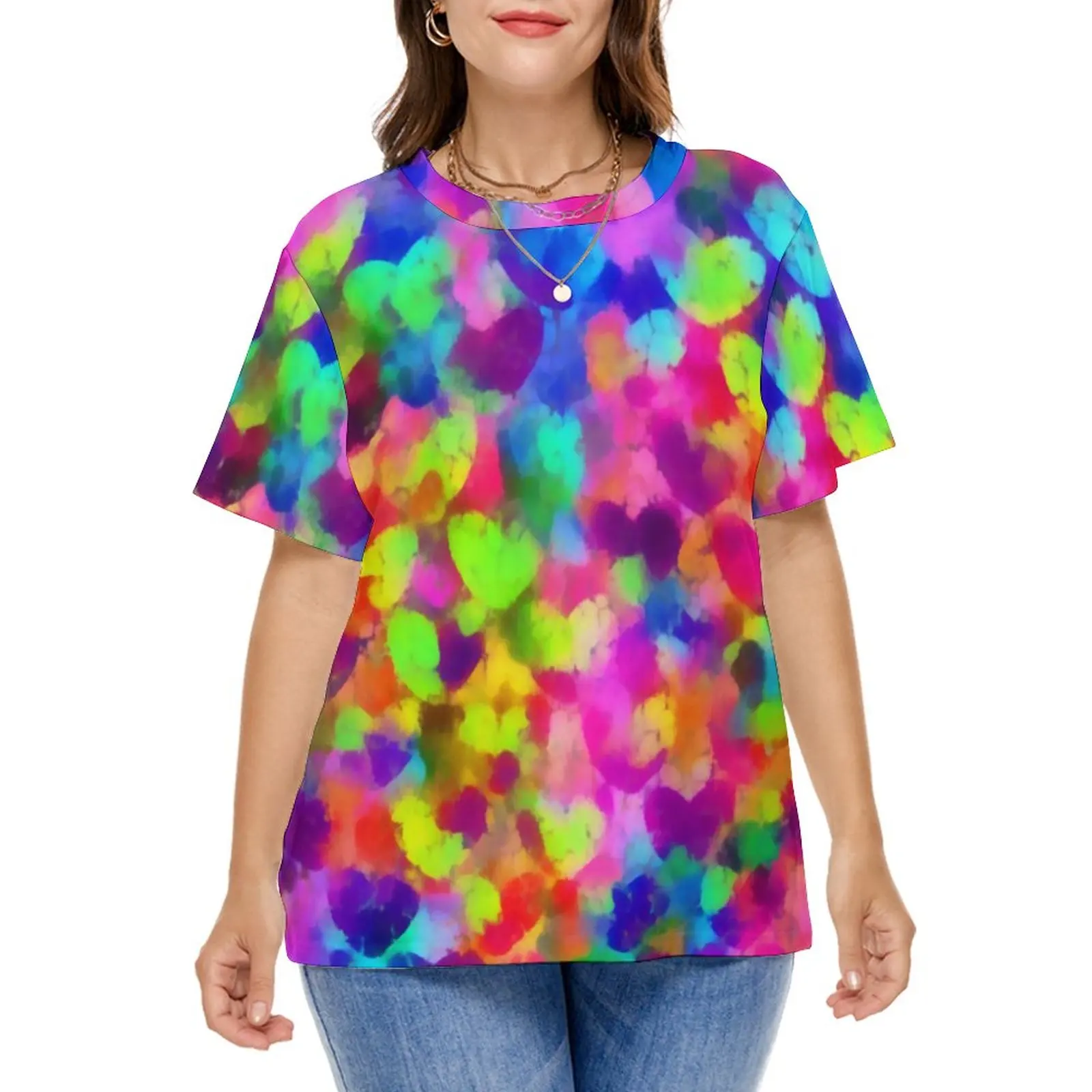 Abstract Heart Print T-Shirts Colorful Hearts Street Style T Shirt Short Sleeve Lady Kawaii Tee Shirt Top Tees Plus Size 4XL 5XL