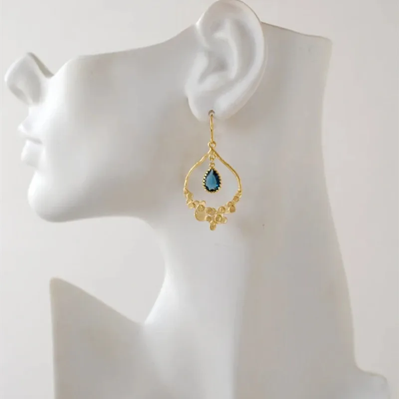 Vintage Metal Handcrafted Blue Glass Chandelier Boho Modern Earrings | Dangle