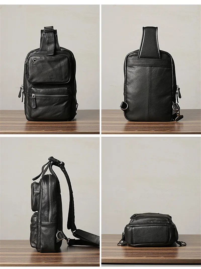 Casual high-quality first-layer cowhide men's black chest bag fashion outdoor luxury natural soft genuine leather crossbody bag