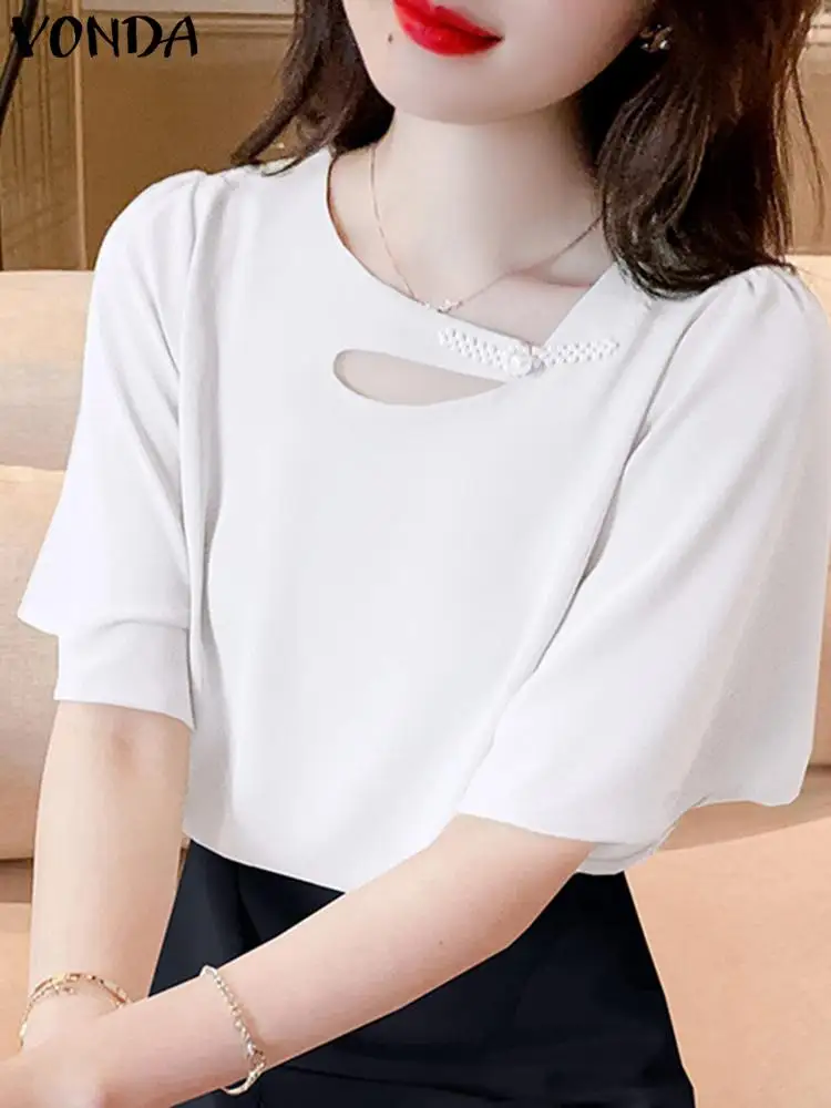 

VONDA летняя 2022 Женская Повседневная Уличная блузка большого размера рубашки с коротким рукавом офисная блузка женская Однотонная рубашка с ...
